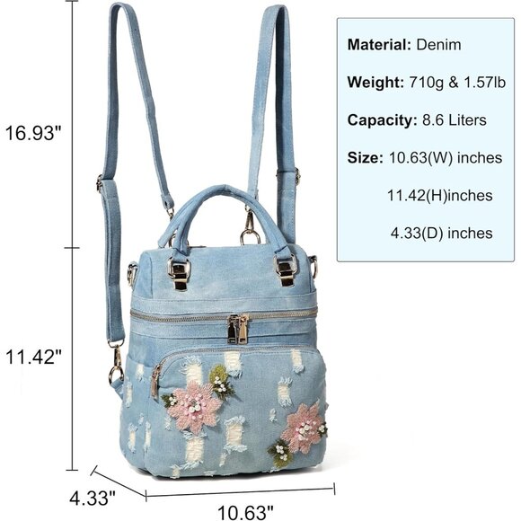 Light Blue Denim Backpack for Women - Casual Floral Embroidered Y2K Style main image 4